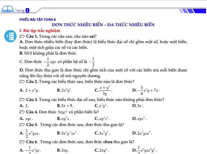 Ảnh đọc thử - Phiếu bài tập trắc nghiệm và tự luận môn Toán 8